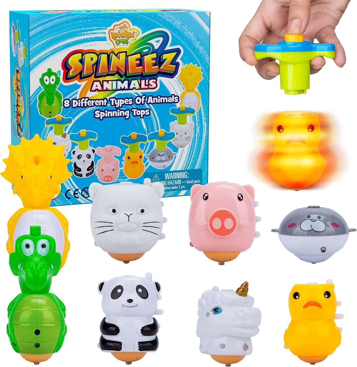 IPIDIPI TOYS Spineez Animal Light Up Spinning Tops - 8-Pack Cute Spinners