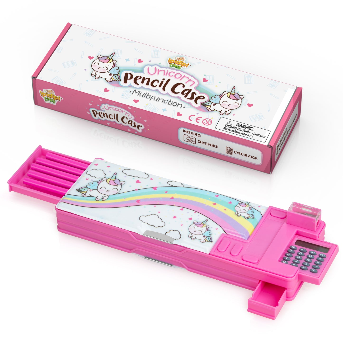 IPIDIPI TOYS Unicorn Pop Up Pencil Case for Girls – 5-Button Design with Scissors & Tape