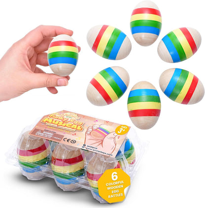 Funky Egg Shakers Maracas for Kids - 6 Pack - Natural, Wooden Musical Toy
