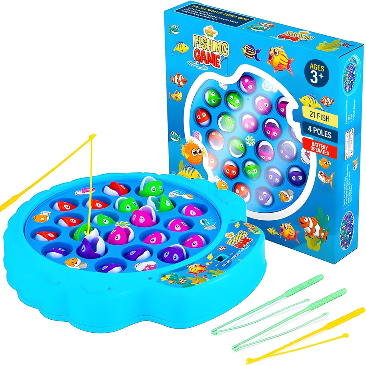 Fishing Game Play Set - 21 Fish, 4 Poles, & Rotating Board w/ On-Off Music