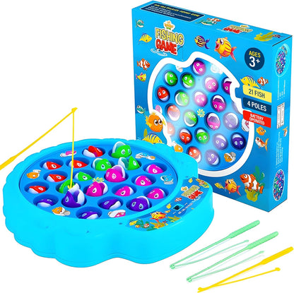 Fishing Game Play Set - 21 Fish, 4 Poles, & Rotating Board w/ On-Off Music