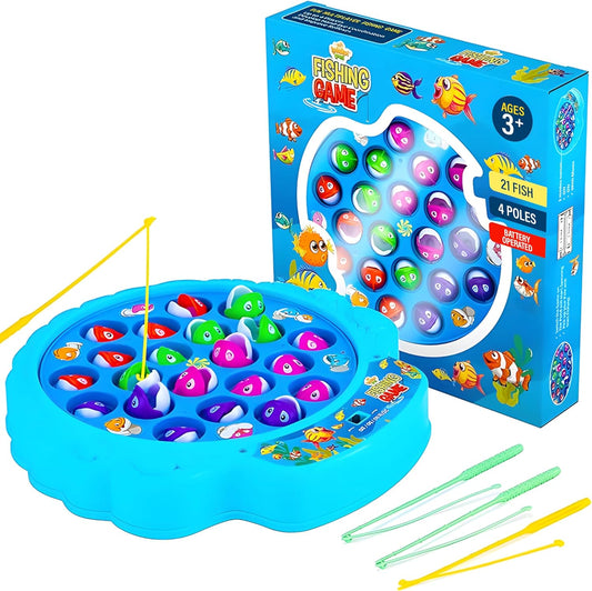 Fishing Game Play Set - 21 Fish, 4 Poles, & Rotating Board w/ On-Off Music