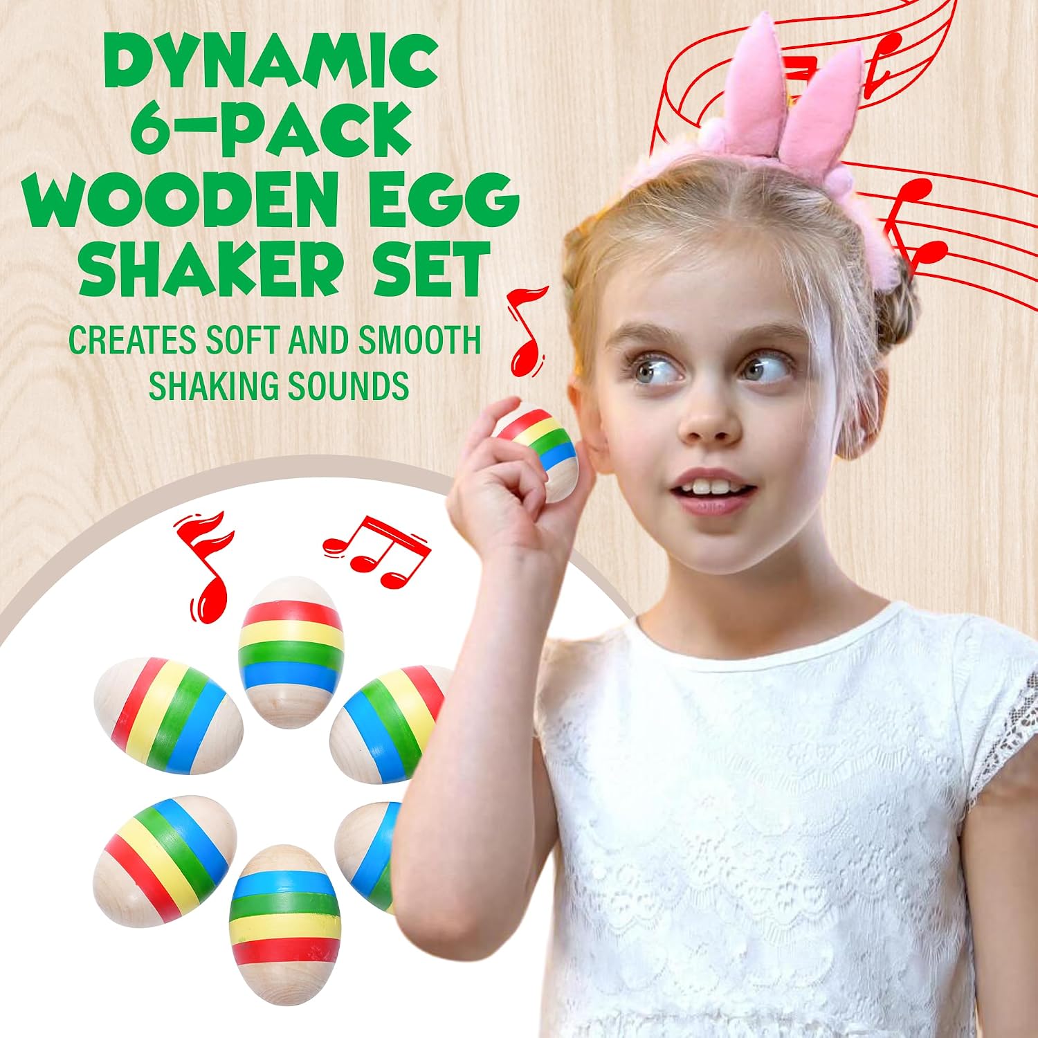Funky Egg Shakers Maracas for Kids - 6 Pack - Natural, Wooden Musical Toy - view 3