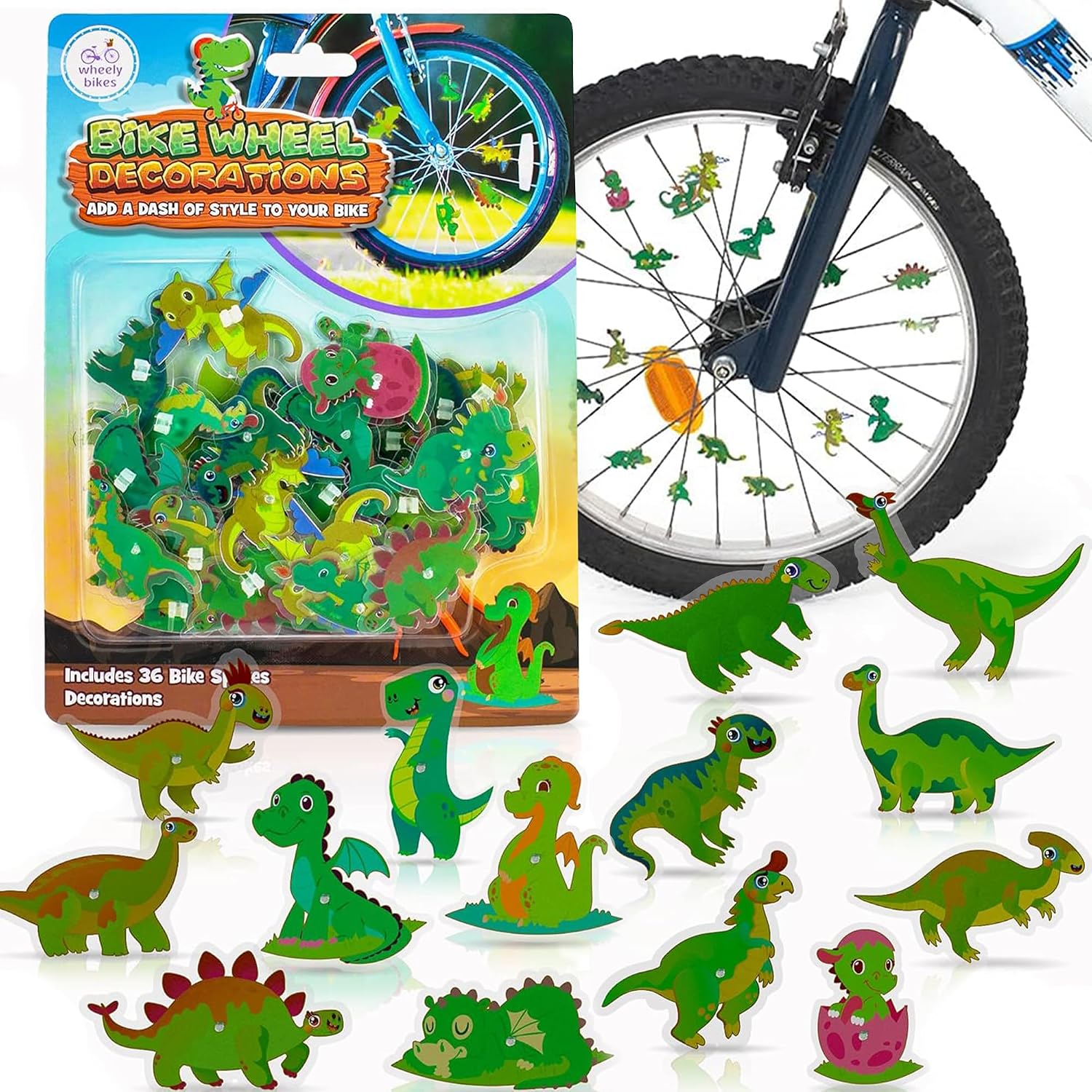 Wheely Bikes 36-Pcs Kids Bike Spoke Decorations - Dinosaur, Flower & Butterfly (Green)