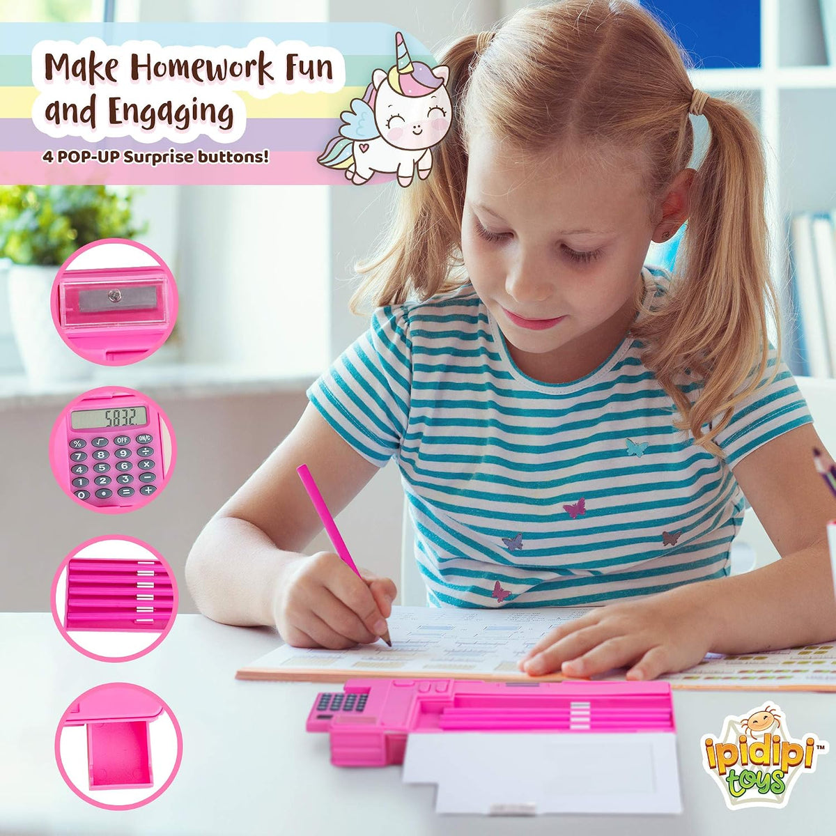 Pop Up Unicorn Pencil Case for Kids, Multifunction Stationery Organizer Box with Calculator, Sharpener, and Pe - view 4