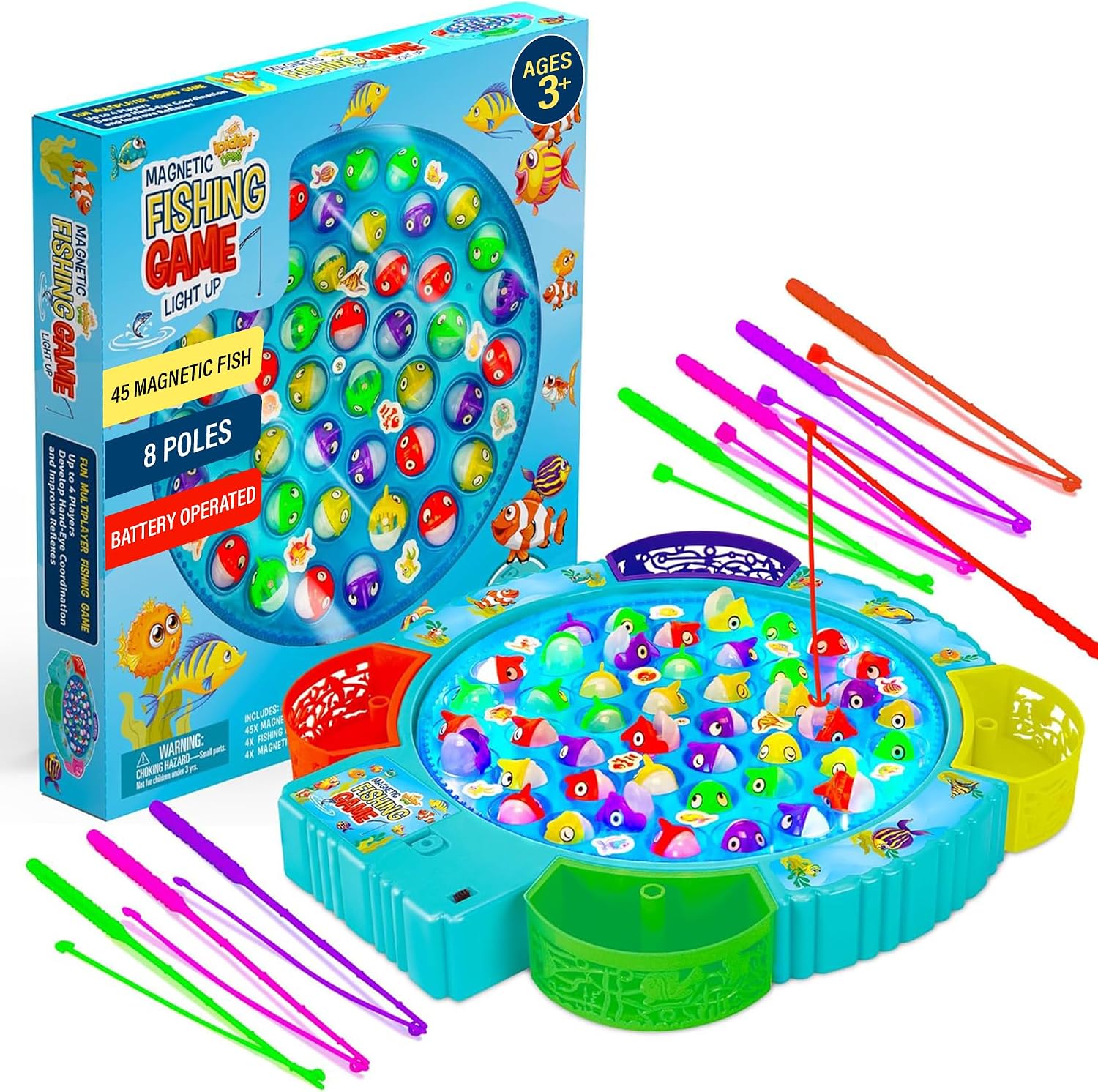 IPIDIPI TOYS Fishing Game for Kids, 45 Fish and 8 Poles - Magnetic Fish Toy