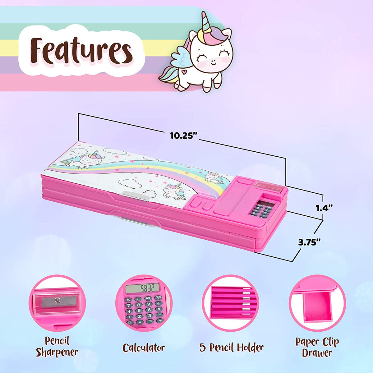Pop Up Unicorn Pencil Case for Kids, Multifunction Stationery Organizer Box with Calculator, Sharpener, and Pencils