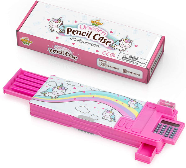 Pop Up Unicorn Pencil Case for Kids, Multifunction Stationery Organizer Box with Calculator, Sharpener, and Pencils