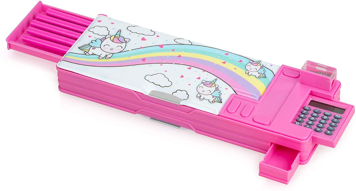 Pop Up Unicorn Pencil Case for Kids, Multifunction Stationery Organizer Box with Calculator, Sharpener, and Pencils