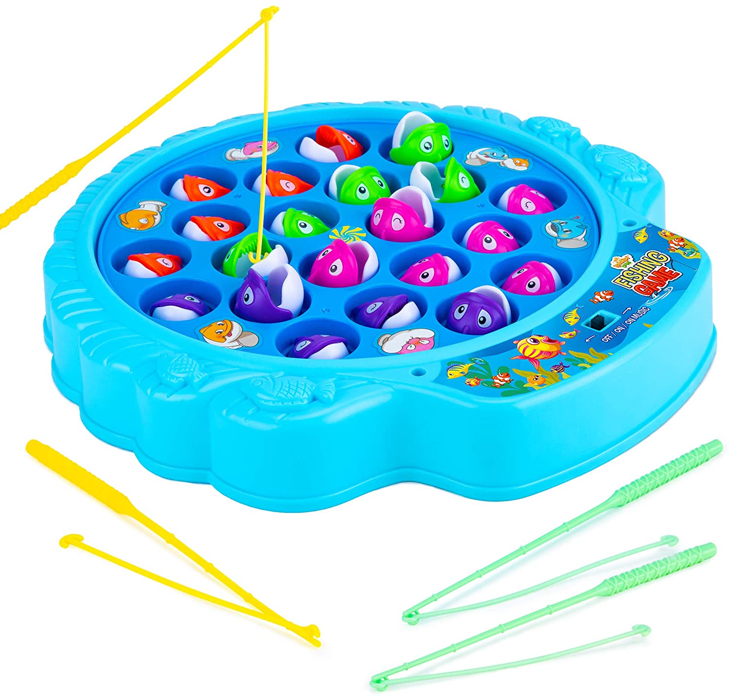 Haktoys Fishing Game Play Set Includes 21 Fish and 4 Fishing Poles on  Rotating Board with Music On/Off Switch for Quiet Play | Board Game for 1-4