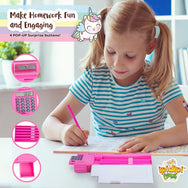 Pop Up Unicorn Pencil Case for Kids, Multifunction Stationery Organizer Box with Calculator, Sharpener, and Pencils