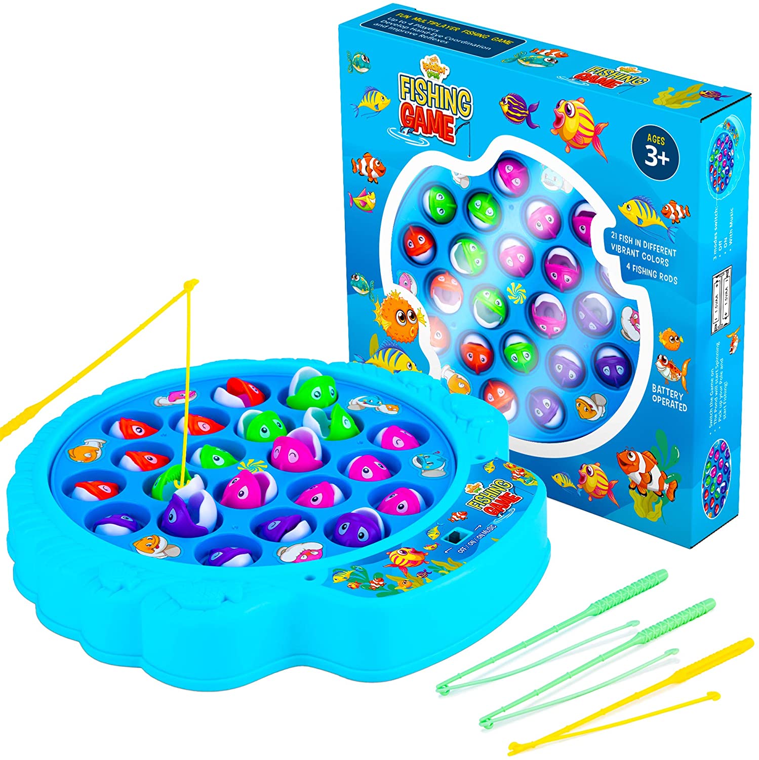 Fishing Game Play Set - 21 Fish, 4 Poles, & Rotating Board w/ On