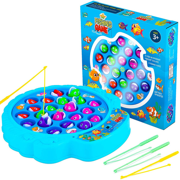 Fishing Game Play Set - 21 Fish, 4 Poles, & Rotating Board w/ On-Off Music