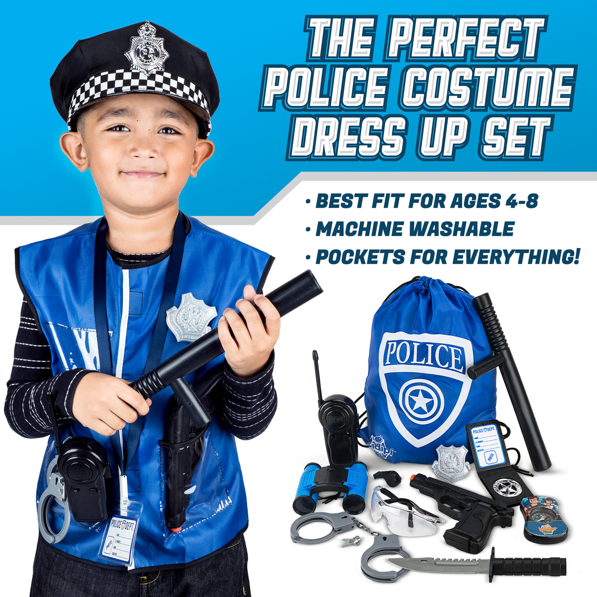 Police Officer Role Play Kit - 15 Piece Policeman Pretend Play Set